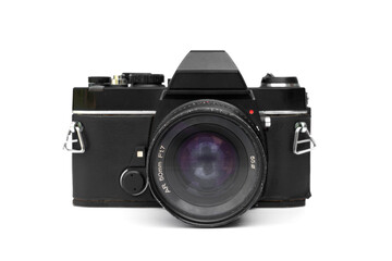 Fototapeta premium Classic black Vintage SLR Film Camera with 50mm Lens there are signs of wear and tear from age isolated on White Background. Photography, nostalgia, and retro technology design concepts.