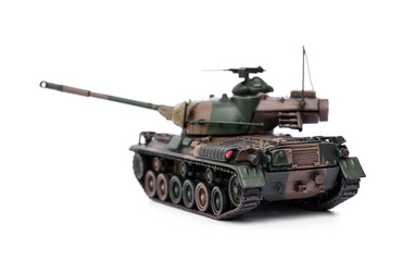 Naklejka premium Metal scale model of Japan tank type 61 realistic green and brown camouflage paint weathered texture isolated on white background.