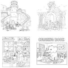 Naklejka premium Kids coloring activity book pages with cute raccoon chef and elephant artist line art drawings