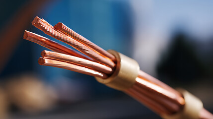 Naklejka premium Close-up of bright copper conductors emerging from a protective sleeve, showcasing metallic texture and industrial material quality against a soft bokeh background