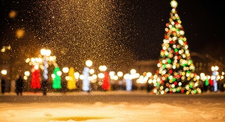 Christmas tree and lights in a snowy city square with people walking.