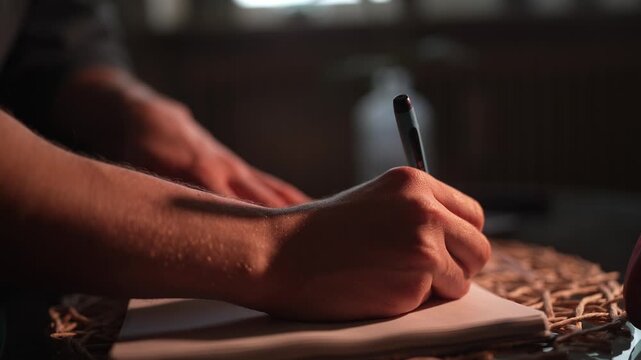 Close-up of a hand writing with a pen in a blank notebook, soft warm lighting at home, student taking notes, business person signing a document, 4k cinematic.
