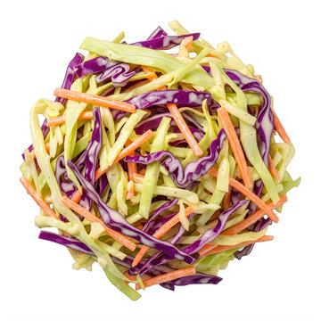 A vibrant mix of shredded purple cabbage, carrots, and green cabbage.