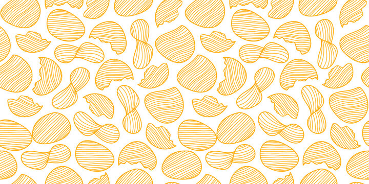 potato chips pattern. doodle potato chips pattern background. potato chips seamless pattern background. unhealthy snacks chips pattern.