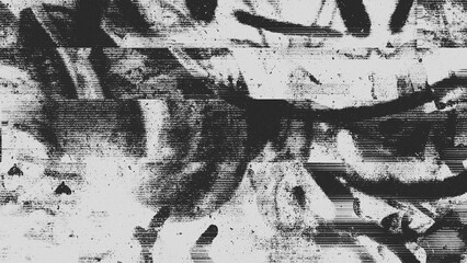 Naklejka premium Black and white glitch texture with digital signal corruption and scanline artifacts on a grunge graffiti background. Monochrome pixel distortion for urban design and video overlay.
