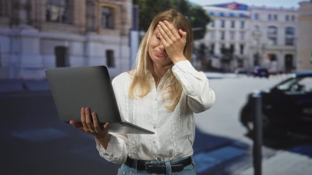 Blonde woman holding laptop with hand covering face in city street, facepalm gesture; work frustration.