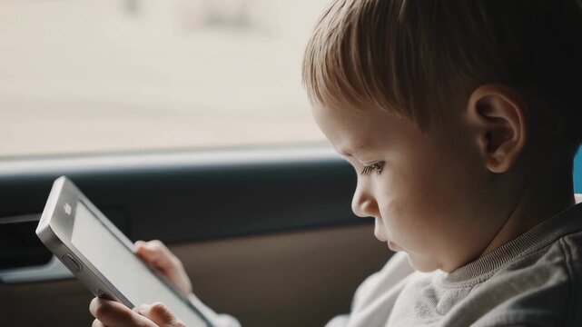 Blond toddler sitting securely in car seat, intently focusing on tablet screen while traveling, completely absorbed in digital content and unaware of passing landscape outside window