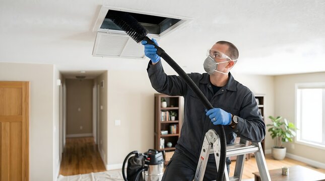 Professional technician cleaning air duct with vacuum equipment