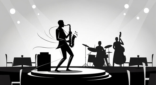 Silhouette Jazz Band Performing on Stage with Saxophone, Drums, and Bass.