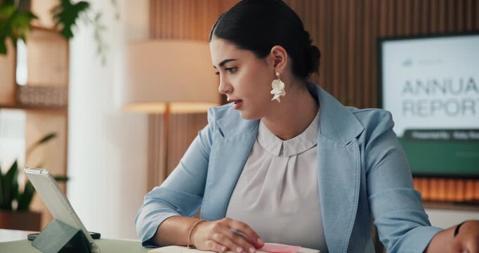 Reading, paperwork and businesswoman with tablet, office and data analysis for annual report on web. Financial analyst, scroll and person with tech for income review, graphs or research with document