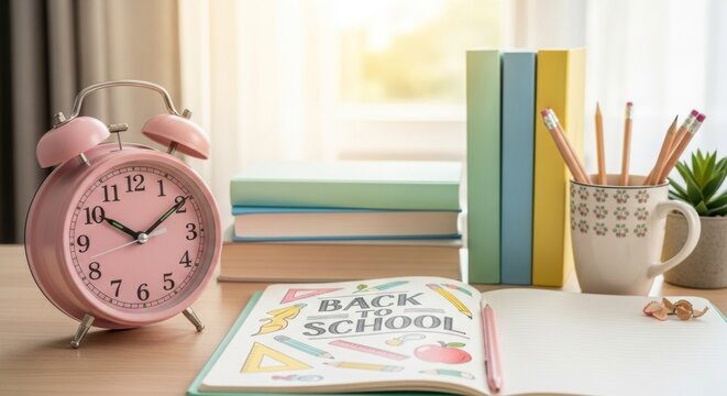 A pink alarm clock with a book and pencil on a desk.