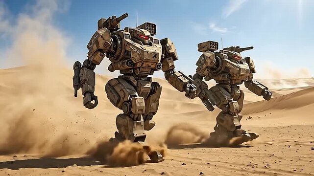 Military mechs marching in desert kicking up dust scifi warfare