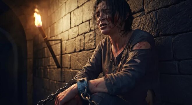 moody dungeon prisoner chained by torchlight against stone wall