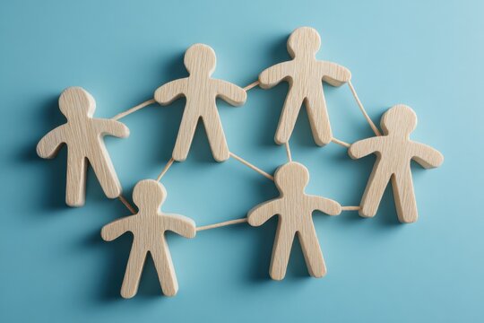 Connected Humanity: Wooden figurines linked by connecting lines, symbolizing cooperation and interdependence, set against a calming blue backdrop.