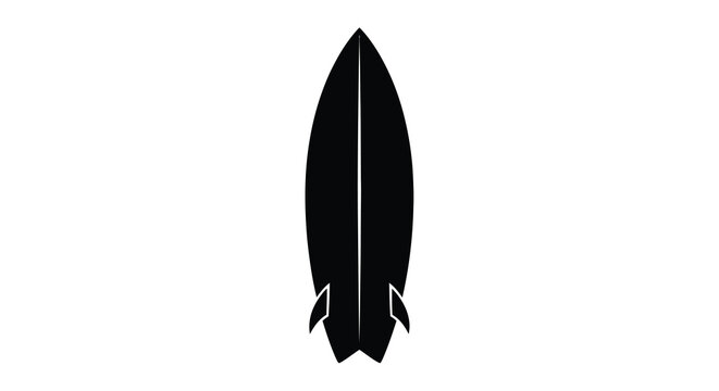 A stark black silhouette depicts a surfboard showcasing its streamlined shape and fin design