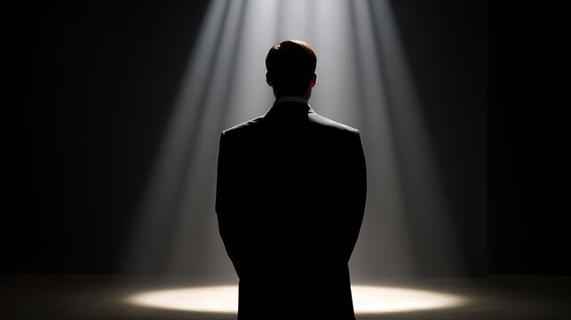 Silhouette of a man in a formal suit stands on a dark stage, back to viewer, illuminated by dramatic spotlights, concept of success, mystery