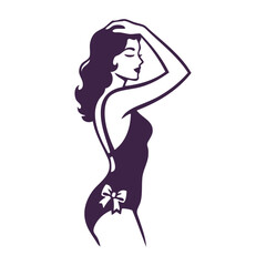 Logotipo con dibujo con líneas de una mujer con bikini de estilo retro con un nudo de lazo, posando de pie de perfil con una mano en la cabeza  © teracreonte