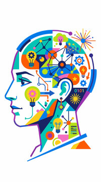 Outlined head profile with connected nodes gears and multiple light bulbs illustration