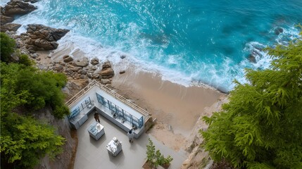 Fototapeta premium High angle view of a modern cliffside structure overlooking a beautiful beach and turquoise ocean
