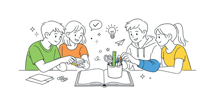 Classroom study materials scene where students collaborate while arranging stationery supplies for a group learning task, a pencil holder and an open notebook serving as the