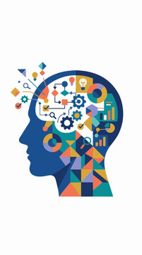 Human head silhouette with charts gears and workflow icons illustration