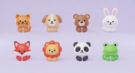Fototapeta premium Cute animal toy figurines, soft 3D matte, multicolor, nursery decor and childhood play concepts
