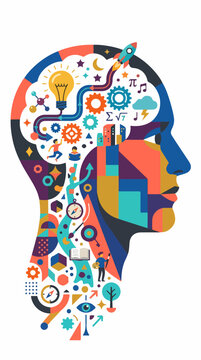 Human head profile with colorful brain gears symbols and light bulb illustration