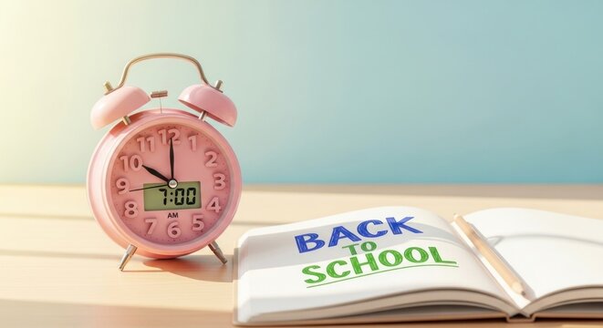 A pink alarm clock with the words 'Back to School' written on a white notebook on a wooden table.
