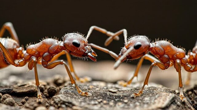 Two ants confront each other on a rocky surface outdoors