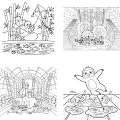Fototapeta premium Cute cartoon tiger cub building a house with blocks, line art, black and white