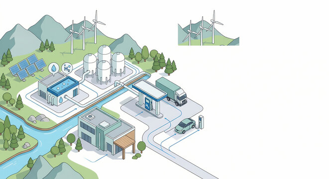 Modern Isometric Green Hydrogen Economy Energy Value Chain Illustration in a Clean Unbranded Natural Environment with Copy Space