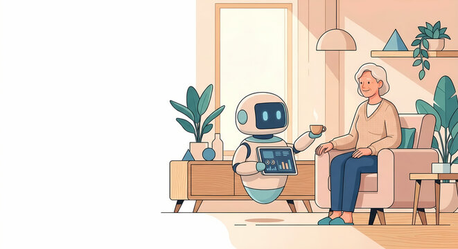 Modern Care Robot Serving Tea and Conversing with Smiling Senior Woman in a Warm Living Room with Extreme Copy Space