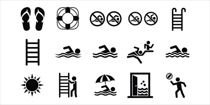Black and white icons depicting beach and pool safety signs and activities