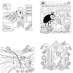 Obraz premium Cute cartoon mouse cooking in a kitchen, line art, black and white