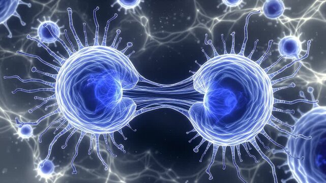 Cells divide and replicate through mitosis in a digital animation