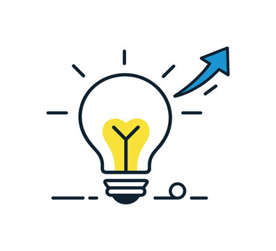 Startup and business strategy concept representing new ideas and forward thinking mindset, a minimal illustration with a glowing lightbulb and a small upward arrow element