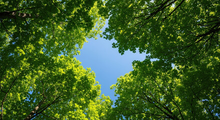 Fototapeta premium Lush green treetops framing a clear blue sky creating a serene atmosphere of nature's beauty with vibrant colors
