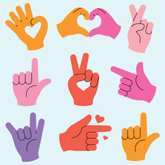Obraz premium Colorful hand gestures and symbols representing love peace and positivity