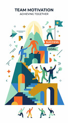Obraz premium Team motivation illustration with people climbing steps to success and goal flag