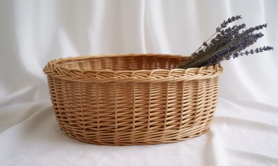 Fototapeta premium A round woven basket with a bundle of purple dried flowers sits on a white draped cloth