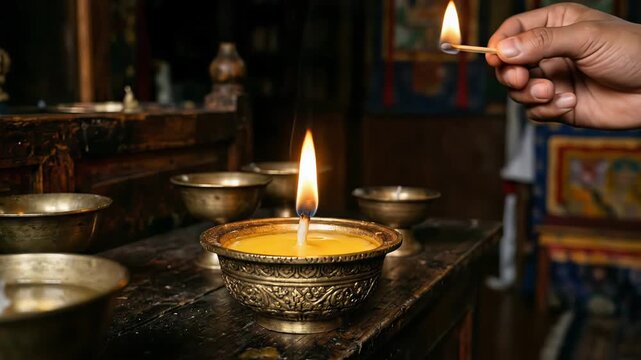 Sacred flame of a traditional ghee lamp in a Buddhist monastery. Sacred flame illuminates the ornate metal surface of the chalice in a dim, holy room.