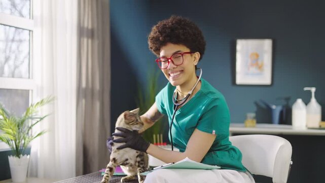 A woman provides care to a bengal cat in a veterinary clinic. She checks the cat's health and notes important information. The room is bright with plants and medical supplies on a table.