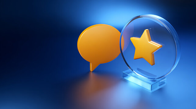 Positive Customer Feedback and Star Rating Concept with Speech Bubble and Award on Blue Background, Digital Marketing Success