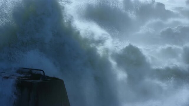Floodwaters massive and violent with dark stormy clouds and a concrete wall featuring raging sea, turbulent water, wave crashing with water disaster