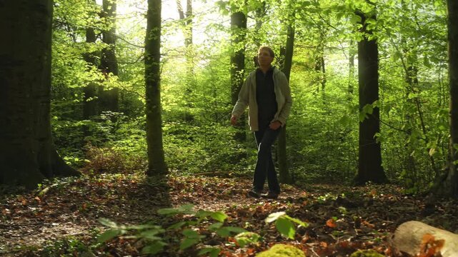 Man enjoying a walk in the spring sunlight in a forest park, with the sun illuminating the fresh green foliage