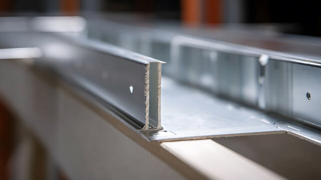 Close-up of a metal stud for drywall installation with framing structure in the background, showcasing construction materials and building process