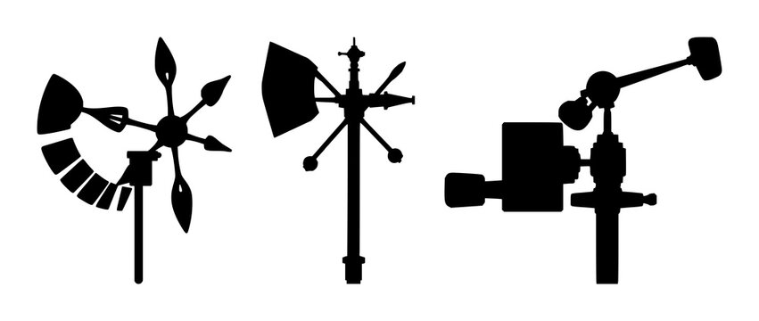 Wind gauge set with solid black silhouette and clean outlines featuring wind gauge, anemometer, weather station symbol with black and white and white background