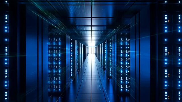 Server room with rows of computer servers and blue lights, data center corridor with illuminated racks