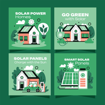Solar Energy 2x2 Illustration Set with Eco Homes and Renewable Power