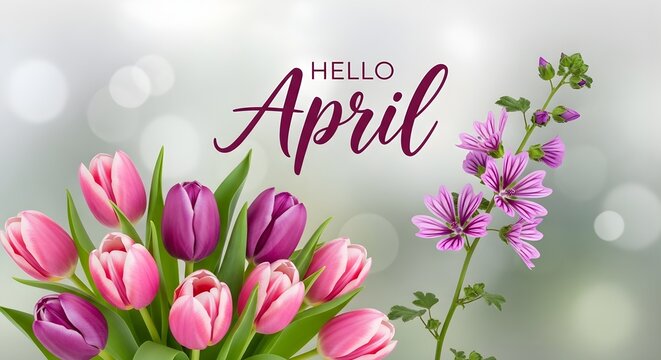 Hello April spring greeting card with pink tulips flowers, floral design background, seasonal celebration concept with soft pastel colors